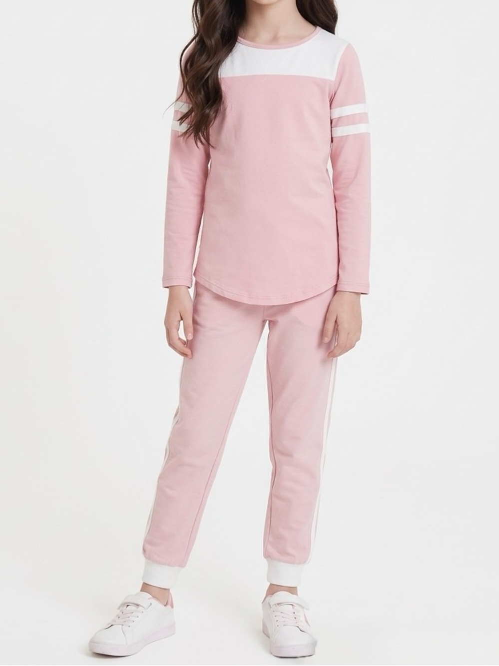 Girls' Long Sleeve Pink Top with White Contrast